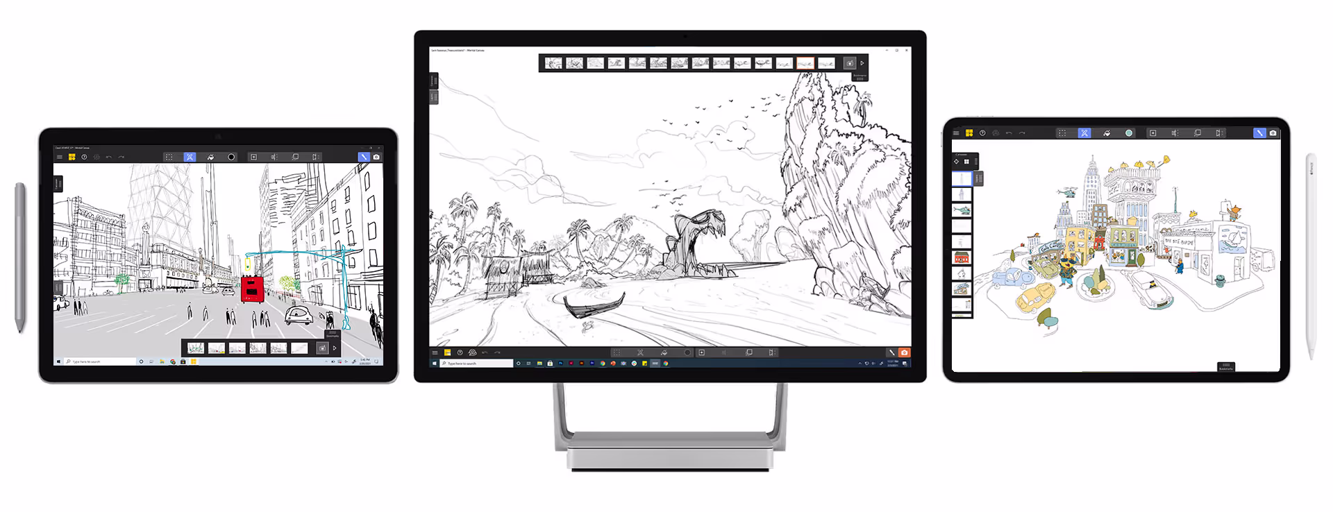 3 devices with mental canvas scenes, surface pro, surface studio and ipad pro